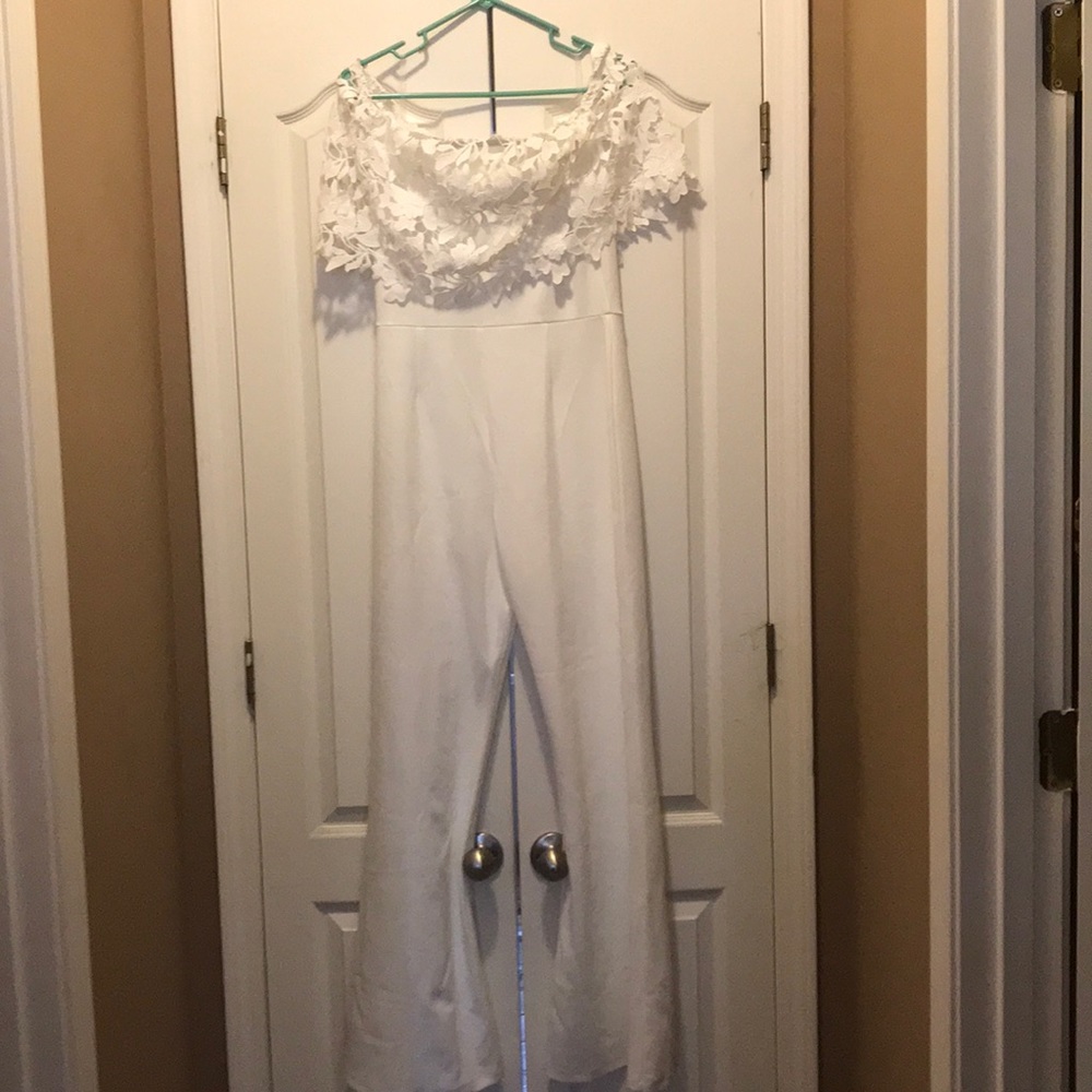 White off the shoulder jumpsuit